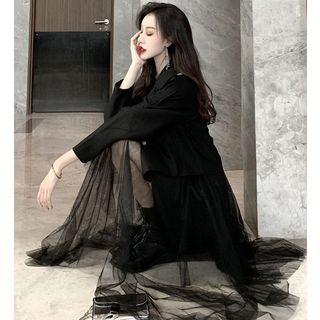 Sleeveless Mesh Dress / Double-breasted Crop Blazer