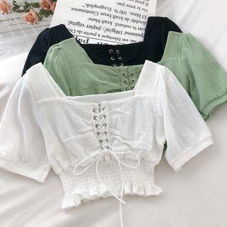 Square Neck Lace-up Crop Blouse
