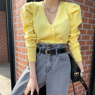 Puff-shoulder Button-detail Cardigan