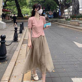Short-sleeve Wrap T-shirt / Midi A-line Mesh Skirt