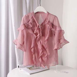 Set: Elbow-sleeve Ruffled Top + Camisole Top