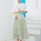 Elbow-sleeve Lettering T-shirt / Dotted Midi A-line Skirt / Set