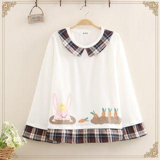 Gingham Hem Rabbit Print Pullover