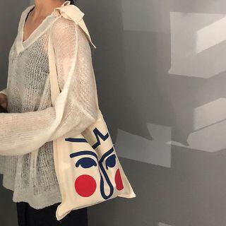 Face Print Canvas Shopper Bag Beige - One Size