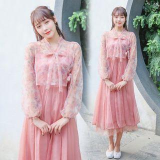 Long-sleeve Sheer Floral Top / Spaghetti Strap A-line Midi Dress / Set