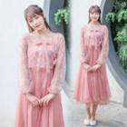Long-sleeve Sheer Floral Top / Spaghetti Strap A-line Midi Dress / Set