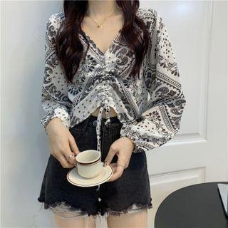 Long Sleeve Drawstring Paisley Print Blouse