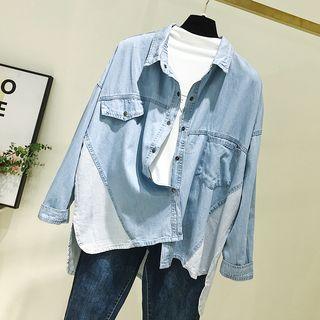 Striped Panel Denim Shirt Light Blue - One Size