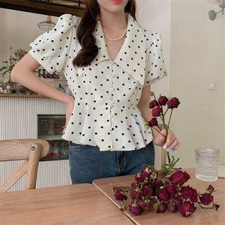 Puff-sleeve Dotted Slim-fit Blouse