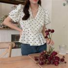 Puff-sleeve Dotted Slim-fit Blouse