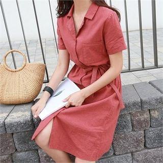 Short-sleeve Linen Blend Shirtdress With Sash