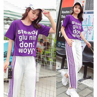 Set: Lettering Short-sleeve T-shirt + Striped Sweatpants