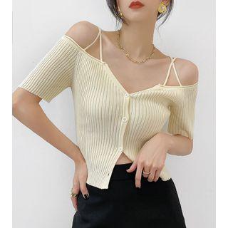 Short-sleeve Cold-shoulder Button-up Knit Top