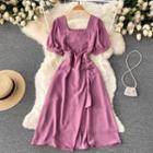 Plain Square-neck Drawstring Slit Short-sleeve Dress