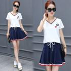 Set: Short-sleeve Embroidery T-shirt + Drawstring A-line Skirt