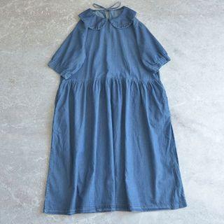 Peter Pan-collar Short-sleeve A-line Denim Dress Blue - One Size