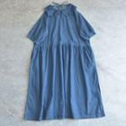 Peter Pan-collar Short-sleeve A-line Denim Dress Blue - One Size