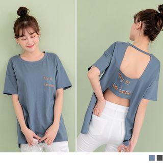 Cutout Back Short-sleeve Lettering Top