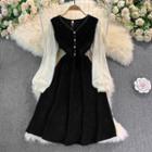 Lace Sleeve Corduroy A-line Dress