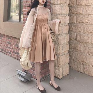 Spaghetti-strap A-line Dress / Wide-sleeve Long Cardigan