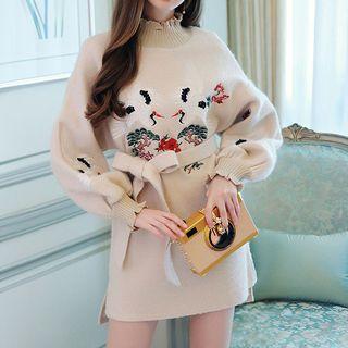Long-sleeve Knit Embroidered A-line Mini Dress