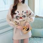 Long-sleeve Knit Embroidered A-line Mini Dress