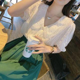 Set Of 2: Puff-sleeve Peter Pan-collar Floral Blouse + High-waist Plain Skirt