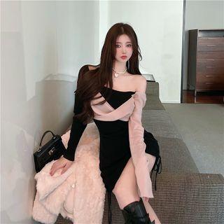 Long-sleeve Two Tone Mini Dress Black & Light Camel - One Size