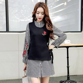 Set: Embroidered Striped Shirt + Vest