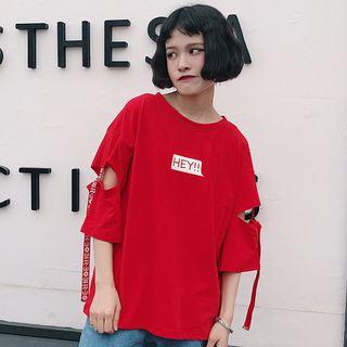 Lettering 3/4 Sleeve Cut Out Detail T-shirt