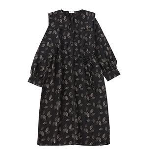 Puff-sleeve Leaf Pattern Midi Chiffon Dress