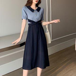 Short-sleeve Paneled Midi A-line Dress Sky Blue & Dark Blue - One Size