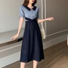 Short-sleeve Paneled Midi A-line Dress Sky Blue & Dark Blue - One Size