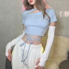 Short-sleeve Cutout Lettering Drawstring T-shirt