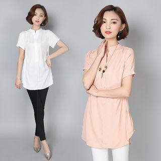 Plain Mandarin-collar Short-sleeve Top