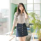 Tie-neck 3/4-sleeve Floral Pattern Blouse