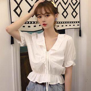 Ruffled Short-sleeve Cropped Blouse White - One Size