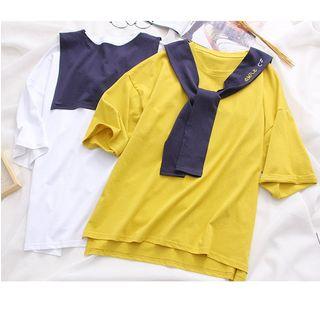 Embroidered Elbow-sleeve Mock Two-piece T-shirt
