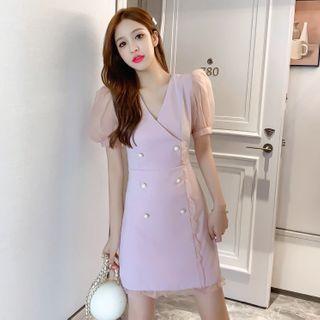 Puff-sleeve Double-breasted Dress