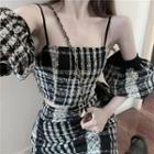 Plaid Cold-shoulder Cropped Top / Mini Straight-fit Skirt
