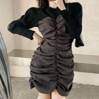 Long-sleeve Mock Two-piece Ruched Mini Dress