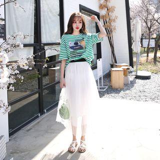 Band-waist Mesh-overlay Long Skirt