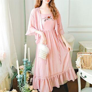Set: Embroidered Strappy A-line Dress + Elbow-sleeve Light Jacket