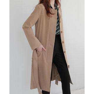 Collarless Hidden-button Coat With Sash