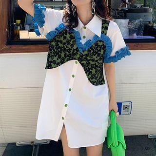 Short-sleeve Floral Frill Trim Mini Shirt Dress