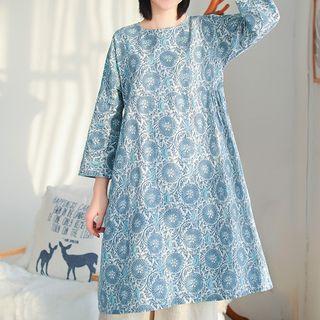 Long-sleeve Midi Floral Dress Blue - One Size