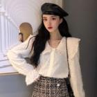 Furry Collared Long-sleeve Blouse Almond - One Size