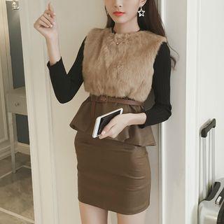 Set: Furry Vest + Mini Pencil Skirt