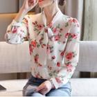 Long-sleeve Floral Print Tie-neck Blouse
