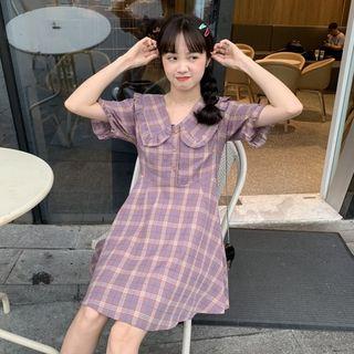 Plaid Frilled Short-sleeve Dress Purplish Blue - One Size